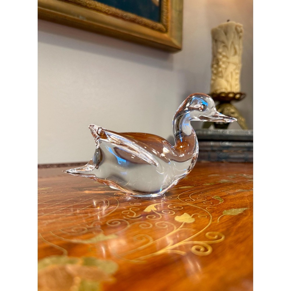 Vintage Swedish Art Glass Duck Figurine, Clear‎ Crystal Glass Bird Sculpture